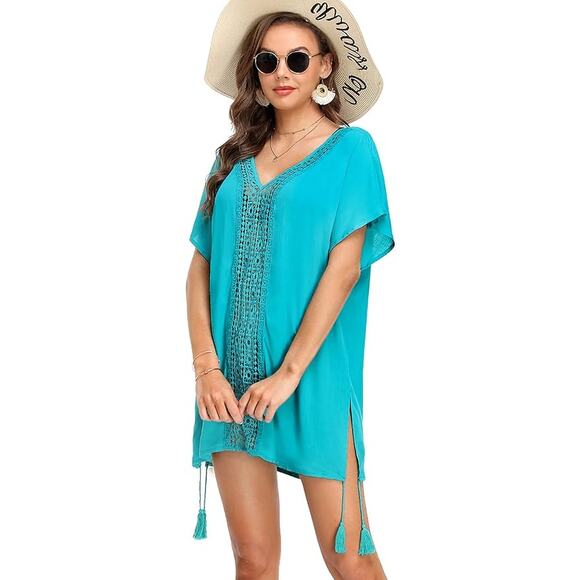 [Aimage] Teal V-Neck Crochet Lace Tasseled Side Slits Swim Coverup Sz Medium M - Picture 1 of 12